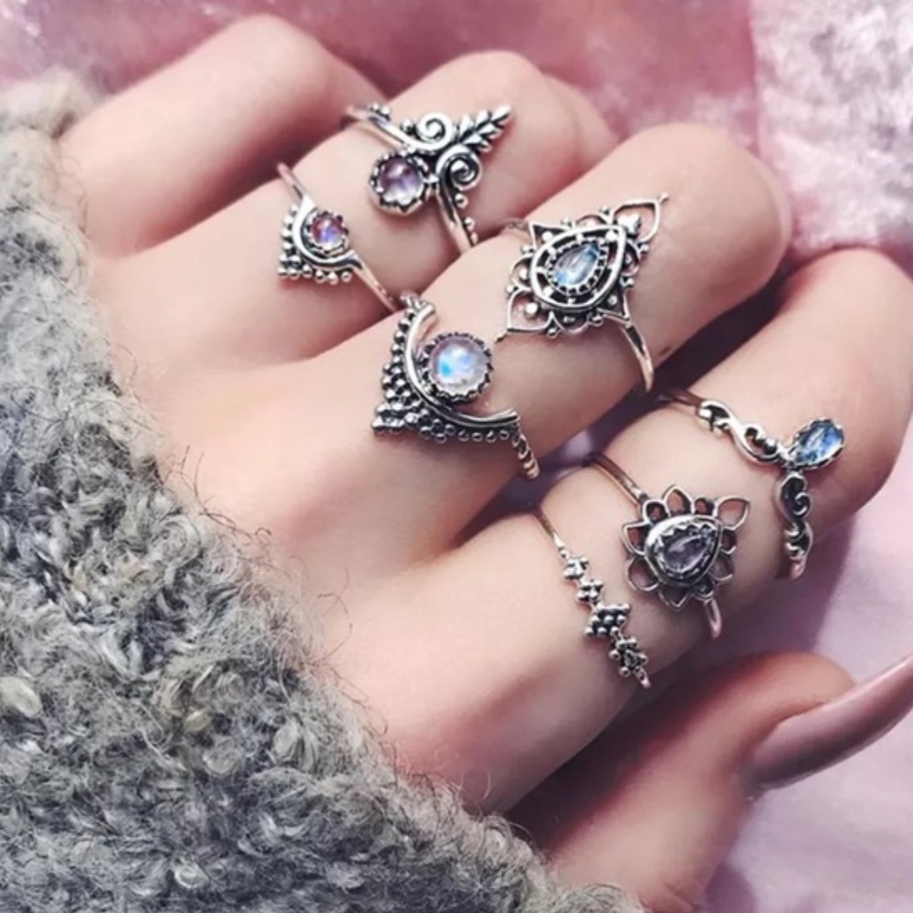 🌺 7PC: CELTIC RINGS PURPLE BLUE MIDI BOHO BOHEMIAN BUNDLE SET LOT INDIA GEM - Picture 5 of 7